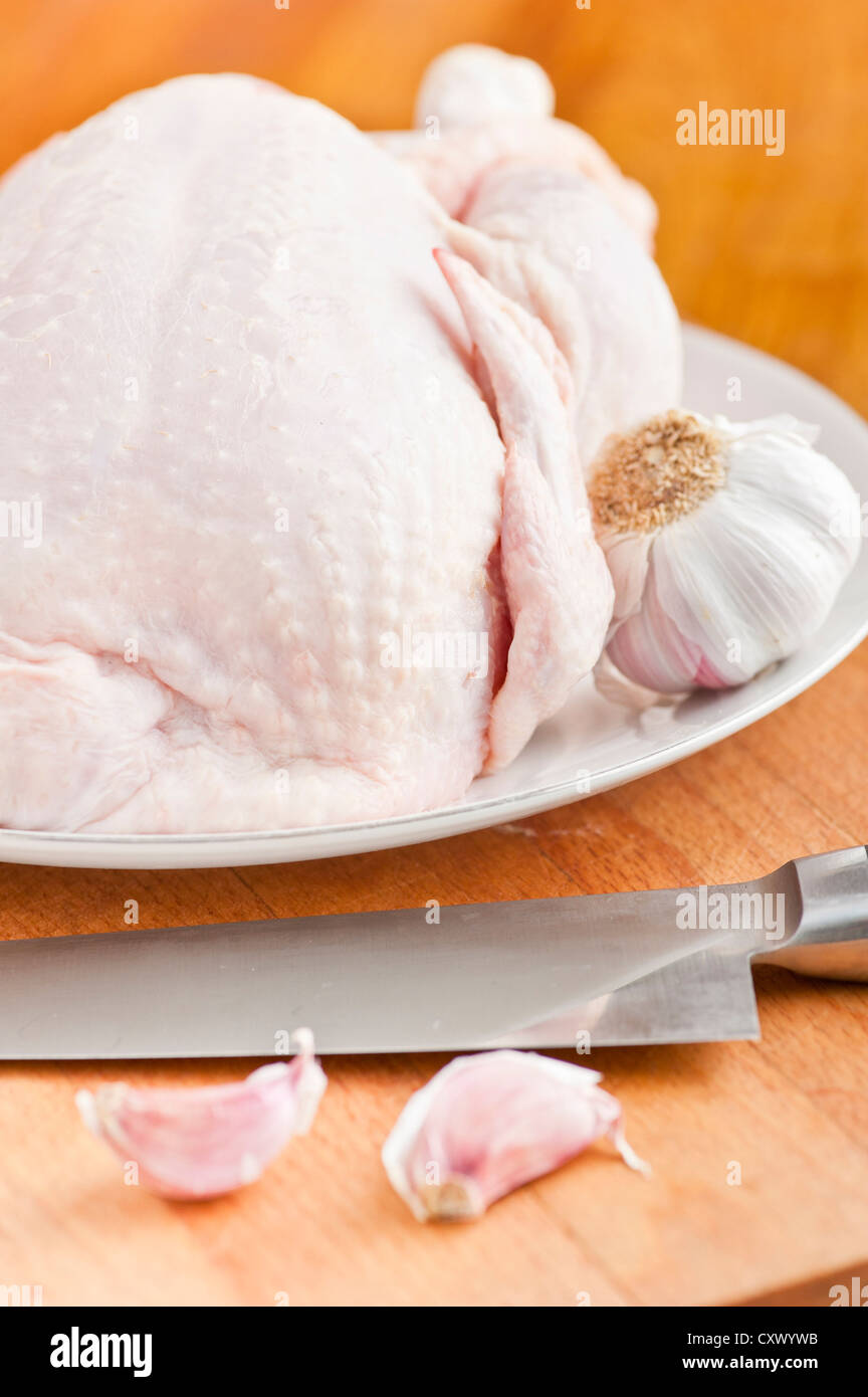 Rohes Huhn auf eine Platte und Knoblauchzehen Stockfoto
