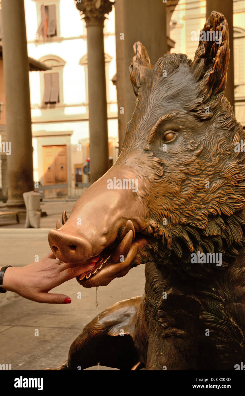 Die Skulptur "Il Porcellino am Loggia del Mercato Nuovo ist beliebt bei Besuchern Stockfoto