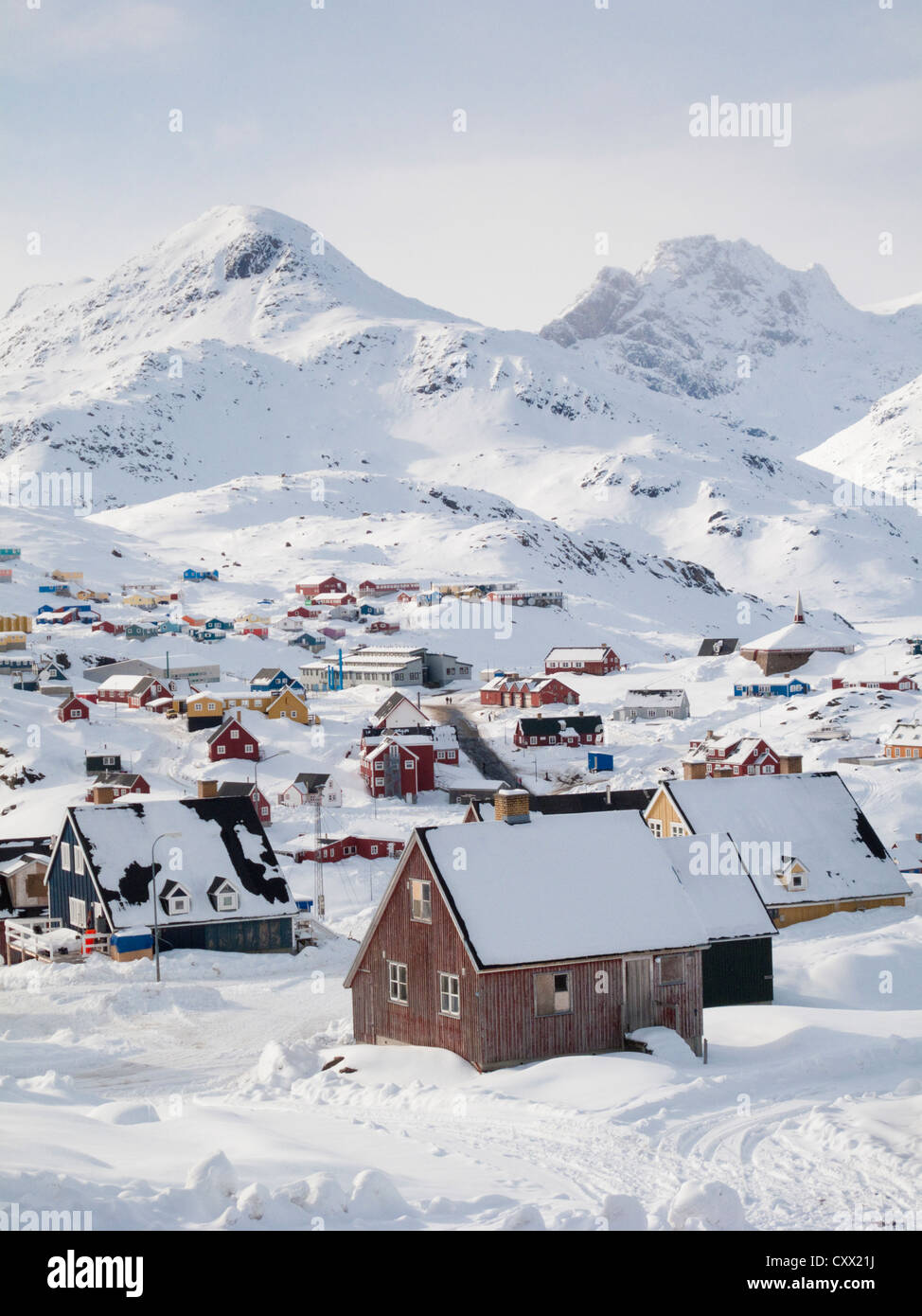 Blick über Tasiilaq Dorf, Grönland Stockfoto