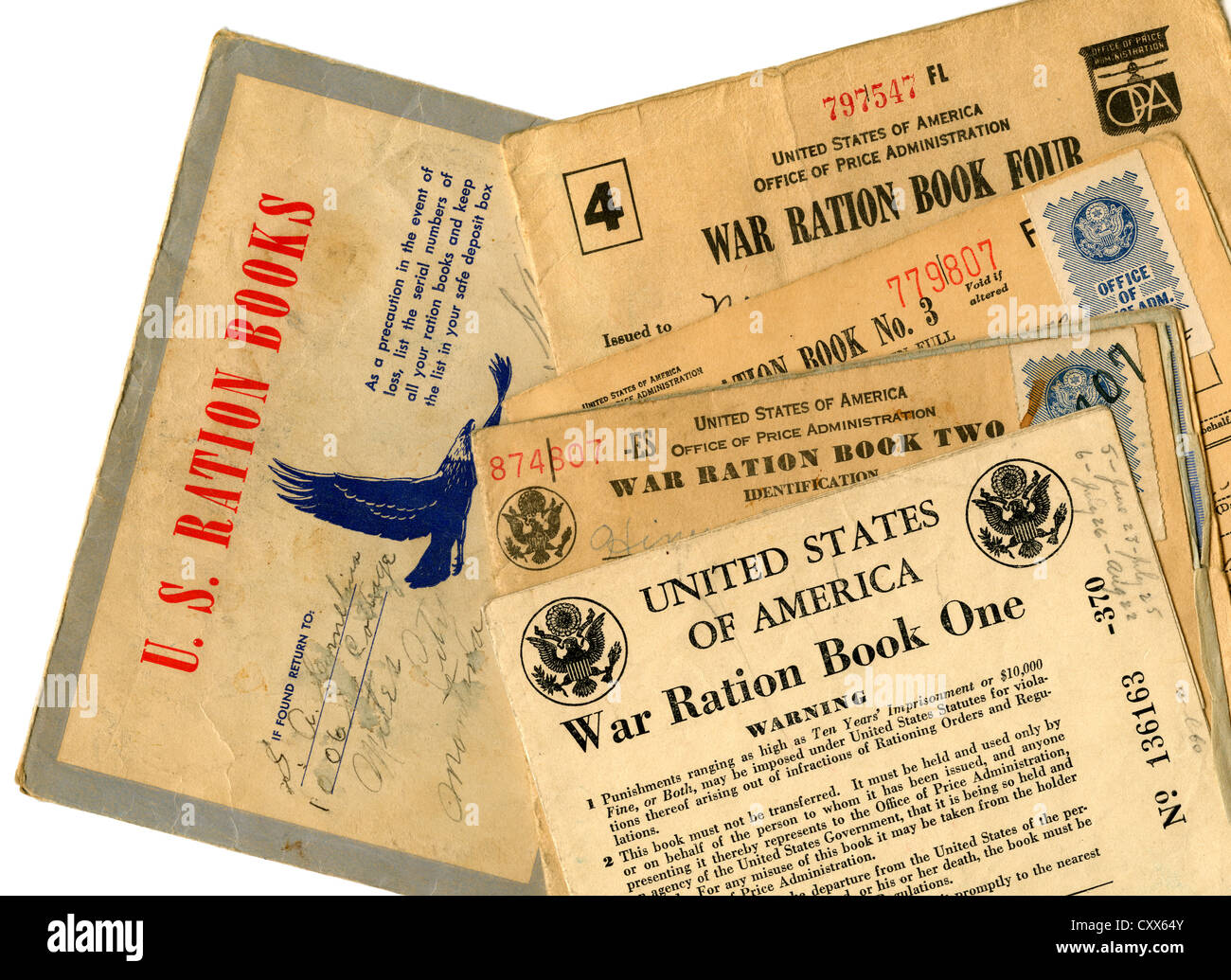 Amerikanische Lebensmittelkarten, ausgestellt durch das Office of Price Administration während des 2. Weltkrieges Stockfoto