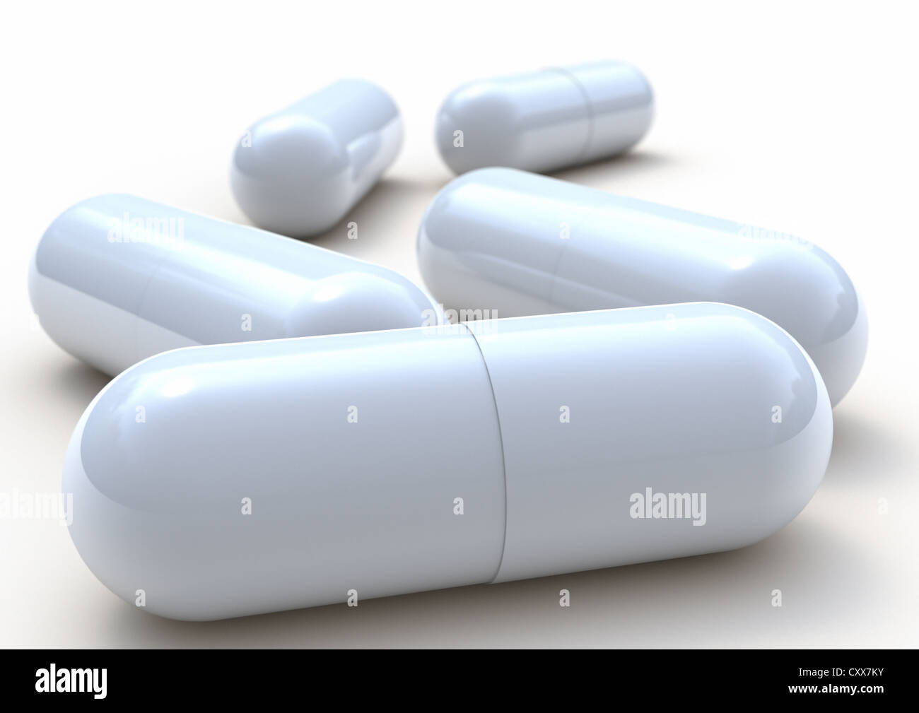 3D-Render aus weißem Kunststoff Kapsel Pillen auf weißem Hintergrund Stockfoto