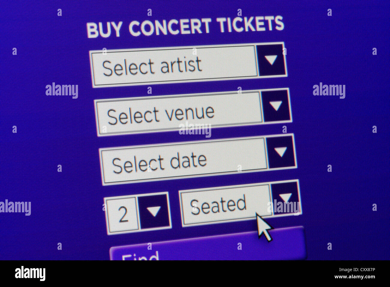Nahaufnahme einer fiktiven Website lädt Benutzer kaufen Konzert-Event-Tickets nach der Eingabe von Daten. Stockfoto