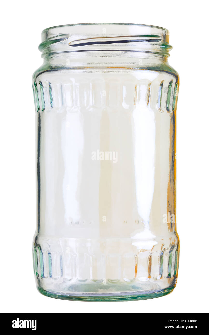 Nahaufnahme eines leeren konservierenden Glases isoliert auf weißem Hintergrund. Stockfoto