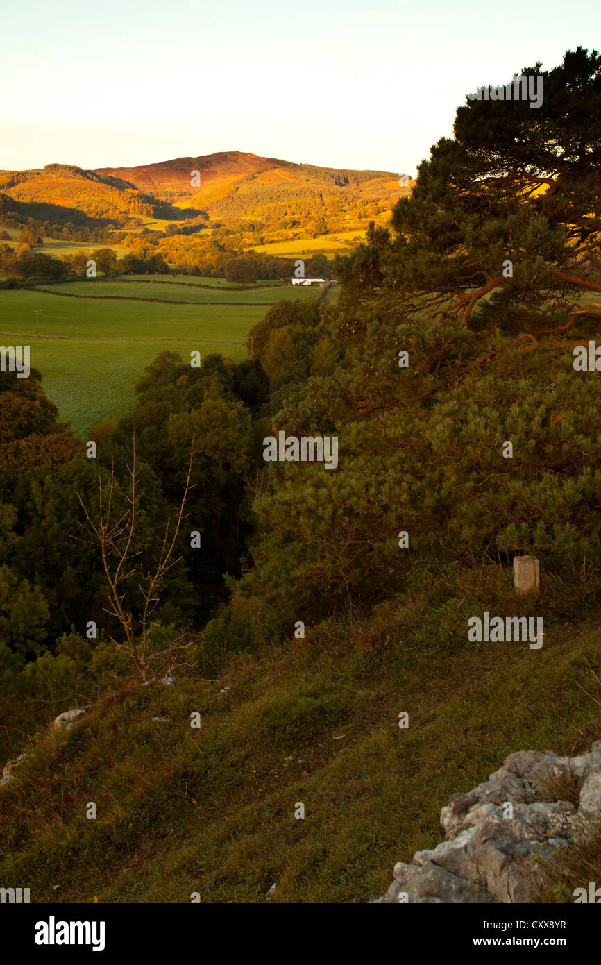 Sonnenaufgang über dem Kriegsfuß Landschaftspark im Bereich Clwydian in Nord-Wales in Richtung Moel Famu Stockfoto