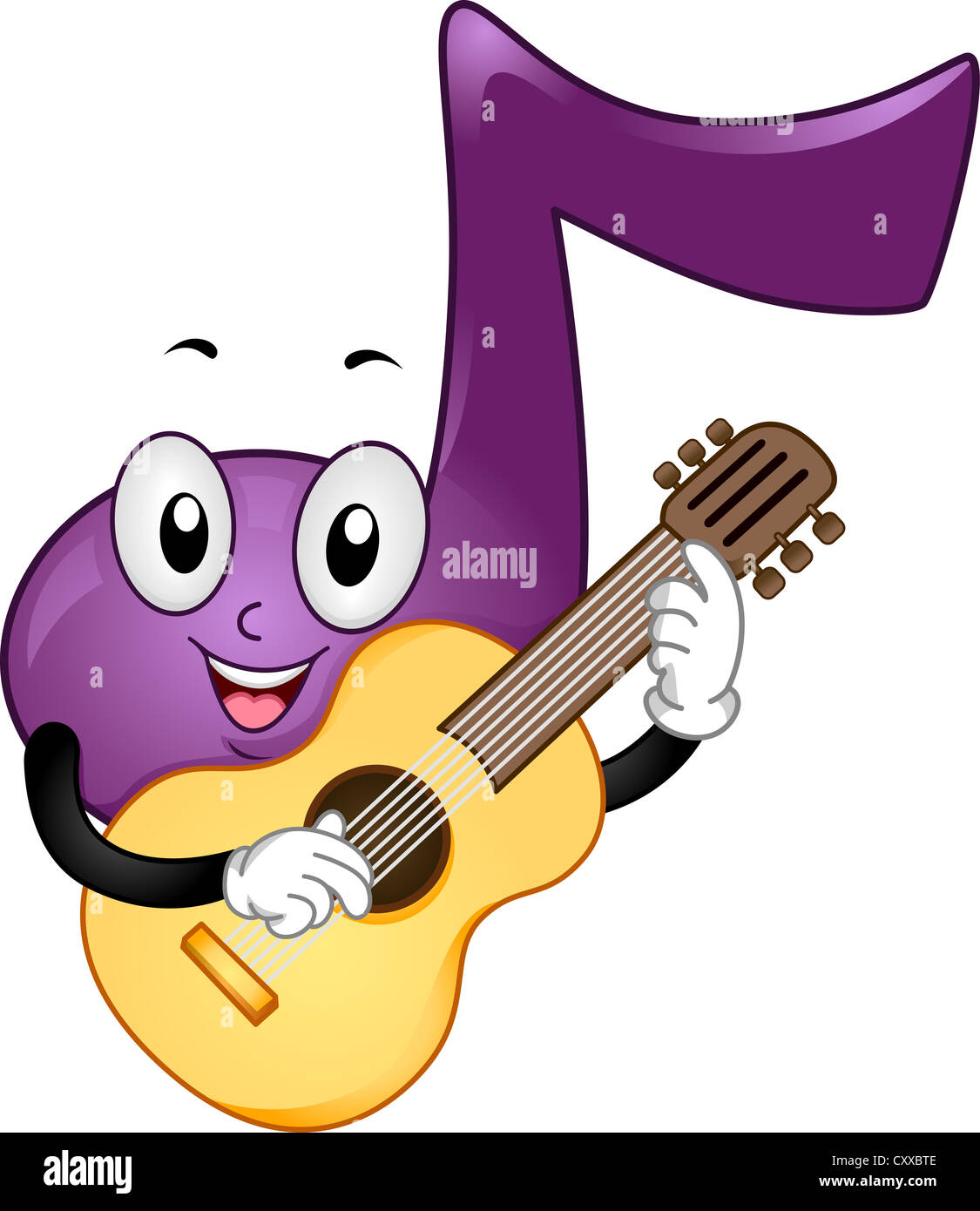 Maskottchen Abbildung mit einer Musiknote, Gitarre zu spielen Stockfoto