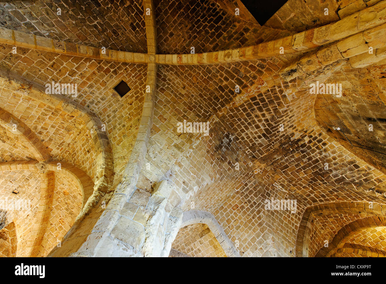 Säulenhalle, Kreuzfahrer Burg, Templerburg im historischen Viertel, Acre oder Akko, UNESCO-Weltkulturerbe, Israel Stockfoto