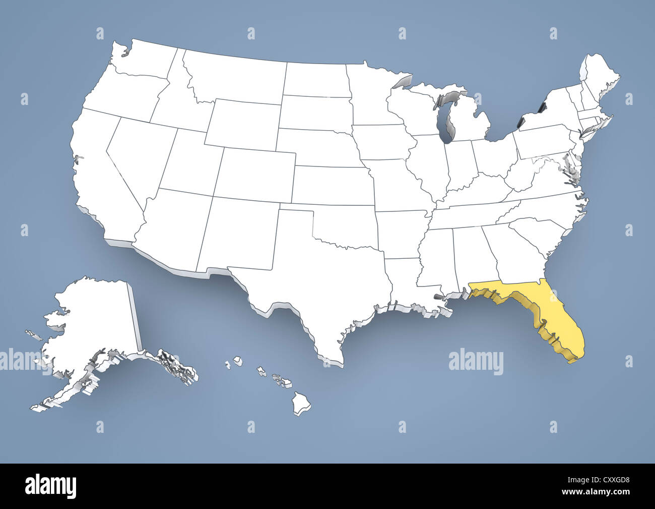 Florida, FL, markiert auf einer Höhenlinienkarte der USA, Vereinigte Staaten von Amerika, 3D illustration Stockfoto