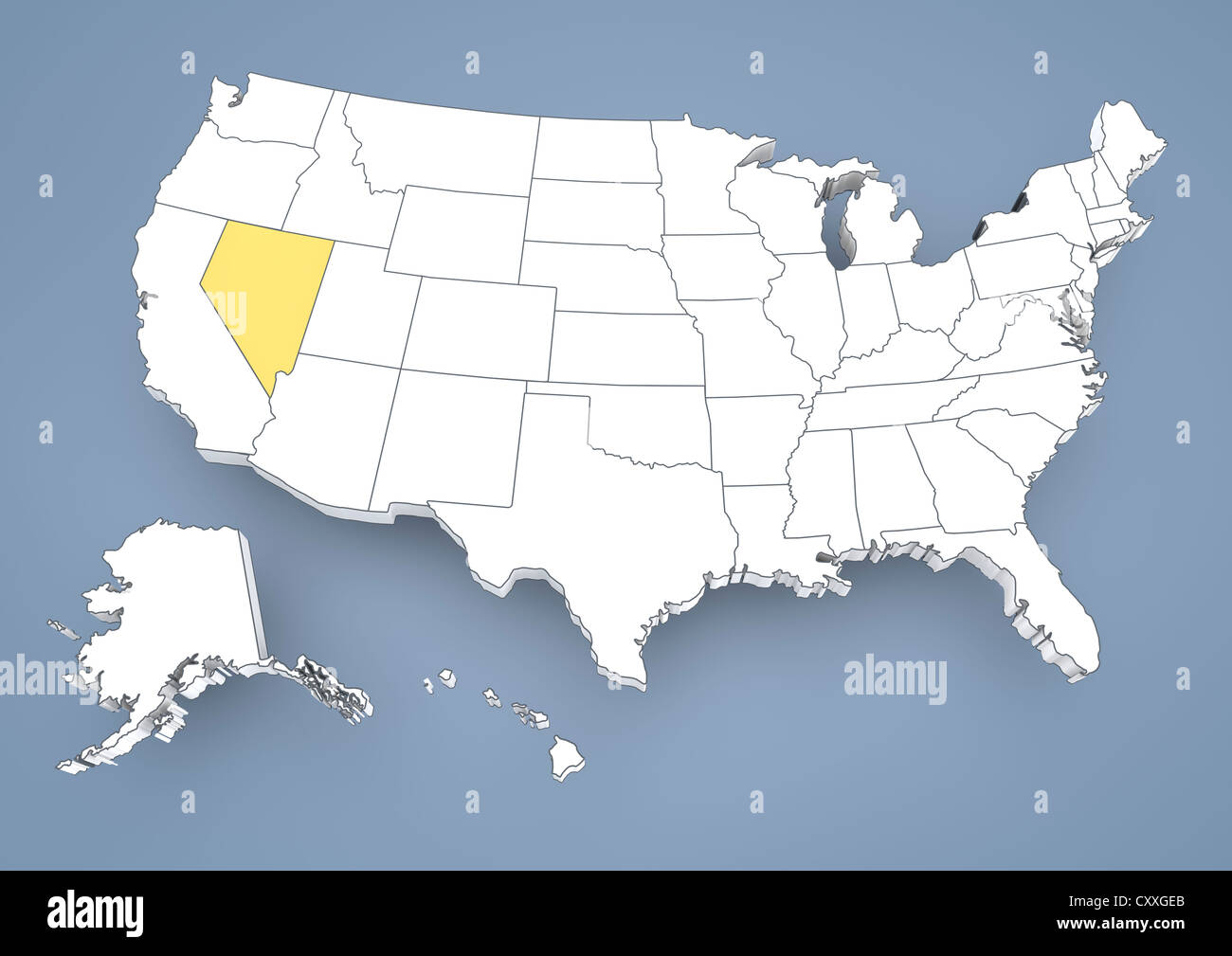 Nevada, NV, markiert auf einer Höhenlinienkarte der USA, Vereinigte Staaten von Amerika, 3D illustration Stockfoto