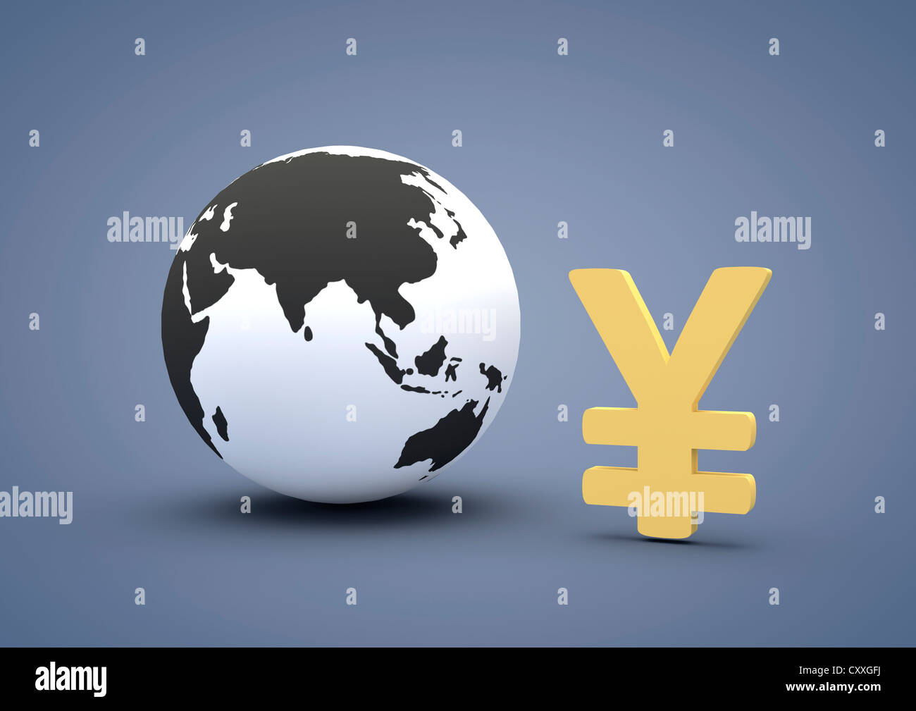 Globus neben einer Yen-Zeichen, 3D illustration Stockfoto