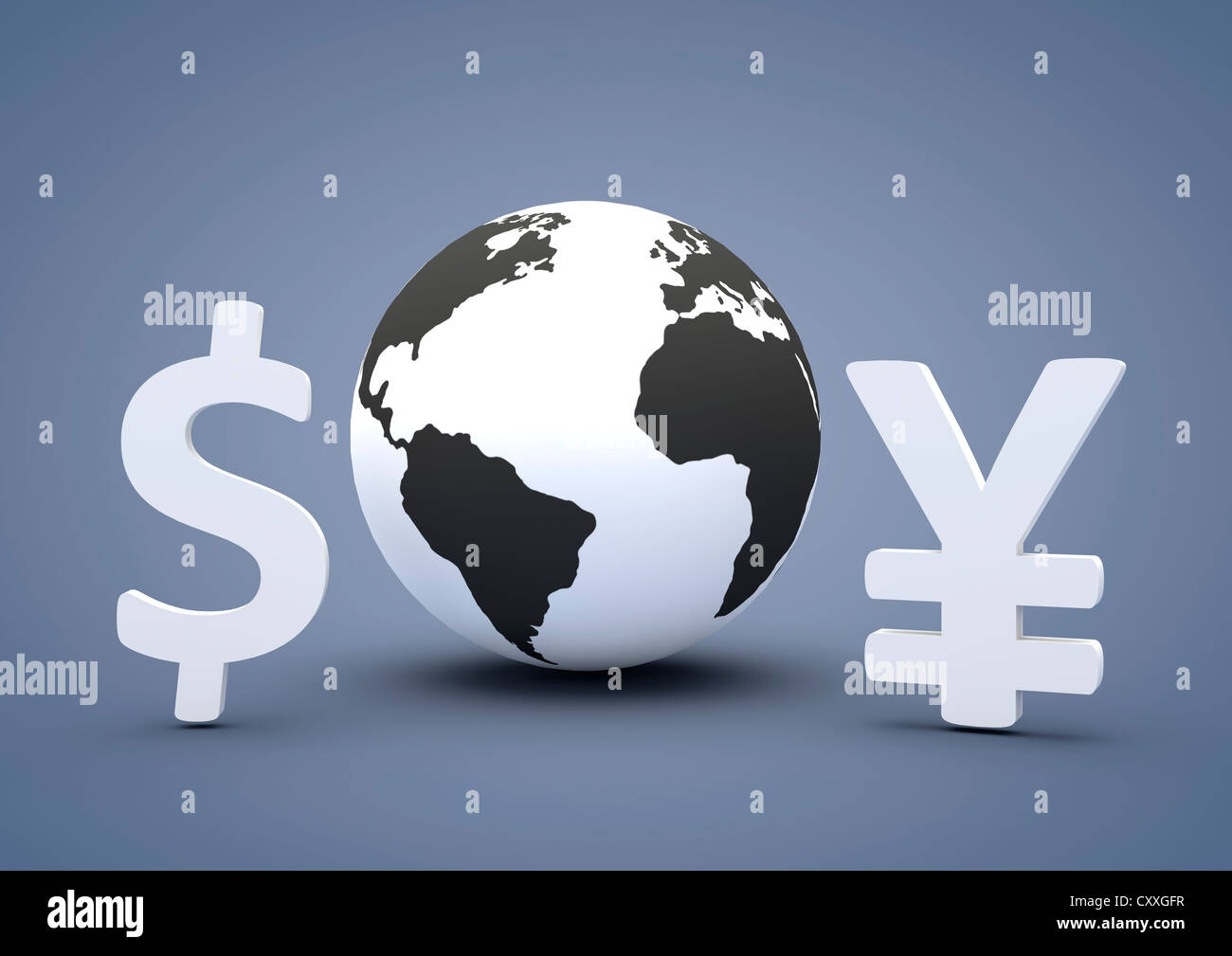 Globus neben einem Dollarzeichen und eine Yen-Zeichen, 3D illustration Stockfoto