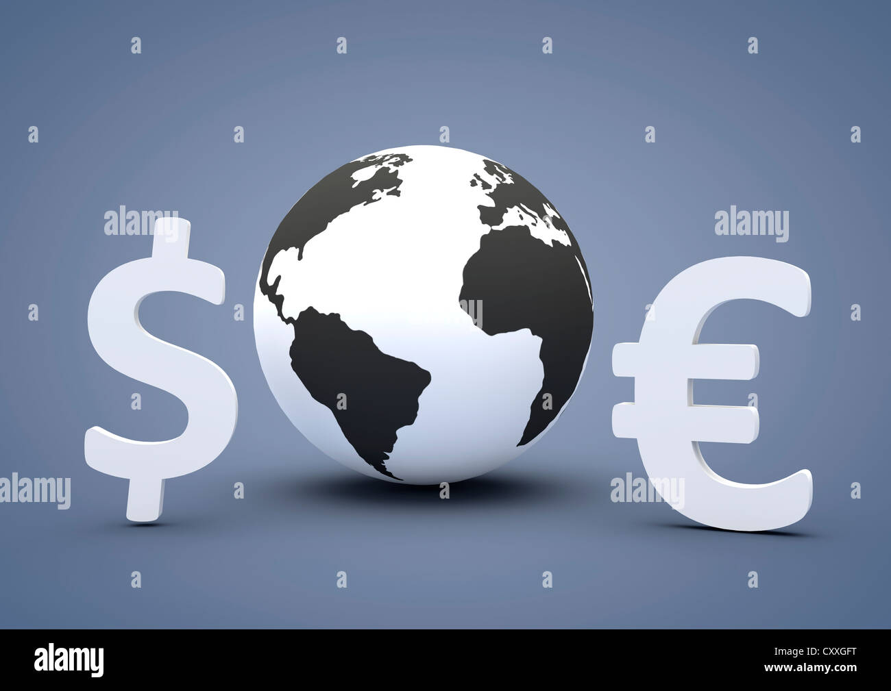 Globus neben einem Dollarzeichen und ein Euro-Zeichen, 3D illustration Stockfoto
