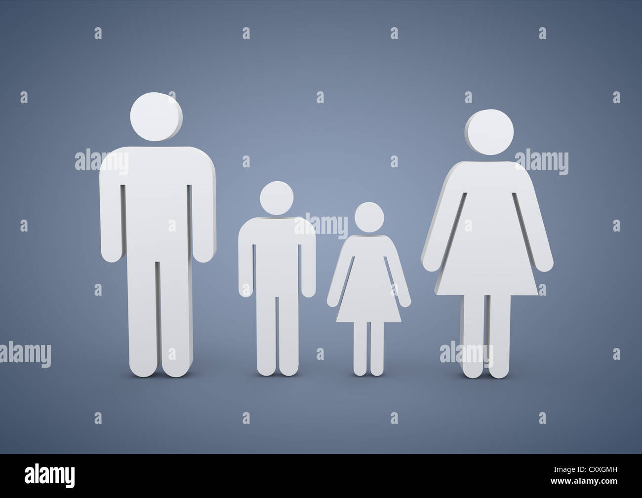 Familie mit zwei Kindern, symbolisches Bild für Geburtenrate, 3D illustration Stockfoto