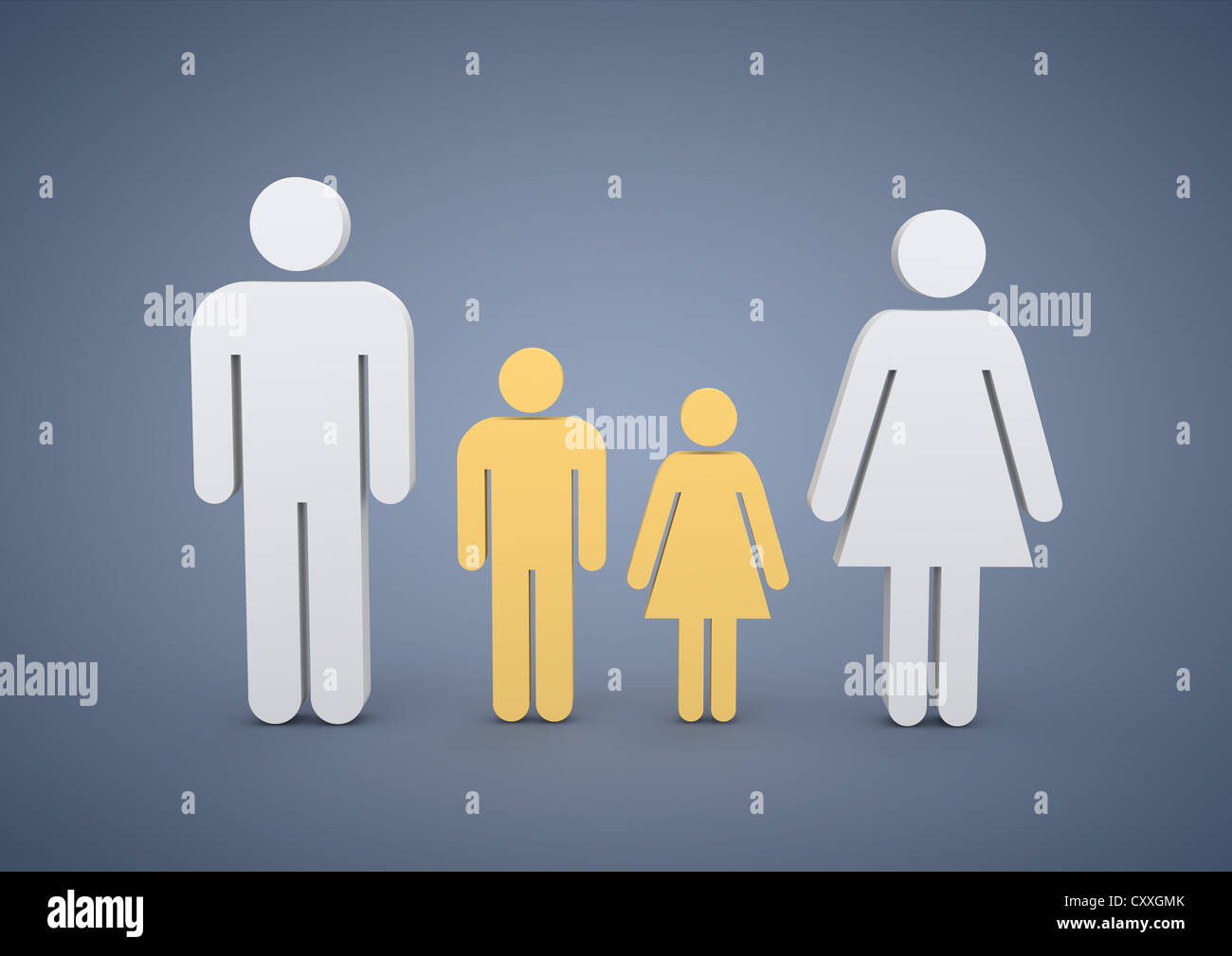 Familie mit zwei Kindern, symbolisches Bild für Geburtenrate, 3D illustration Stockfoto