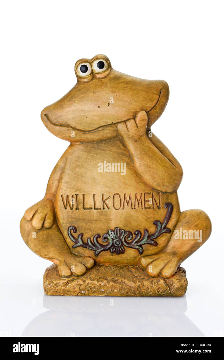 Frosch Figur mit der Aufschrift Willkommen, Deutsch für willkommen Stockfoto