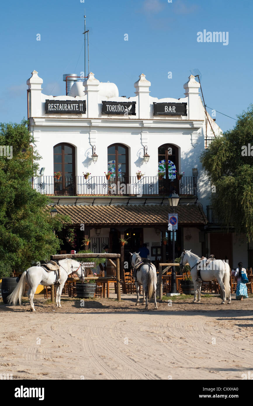 Bar und Restaurant für Reiter, andalusische Pferde geparkt in Front, El Rocio, Almonte, Provinz Huelva, Andalusien, Spanien Stockfoto