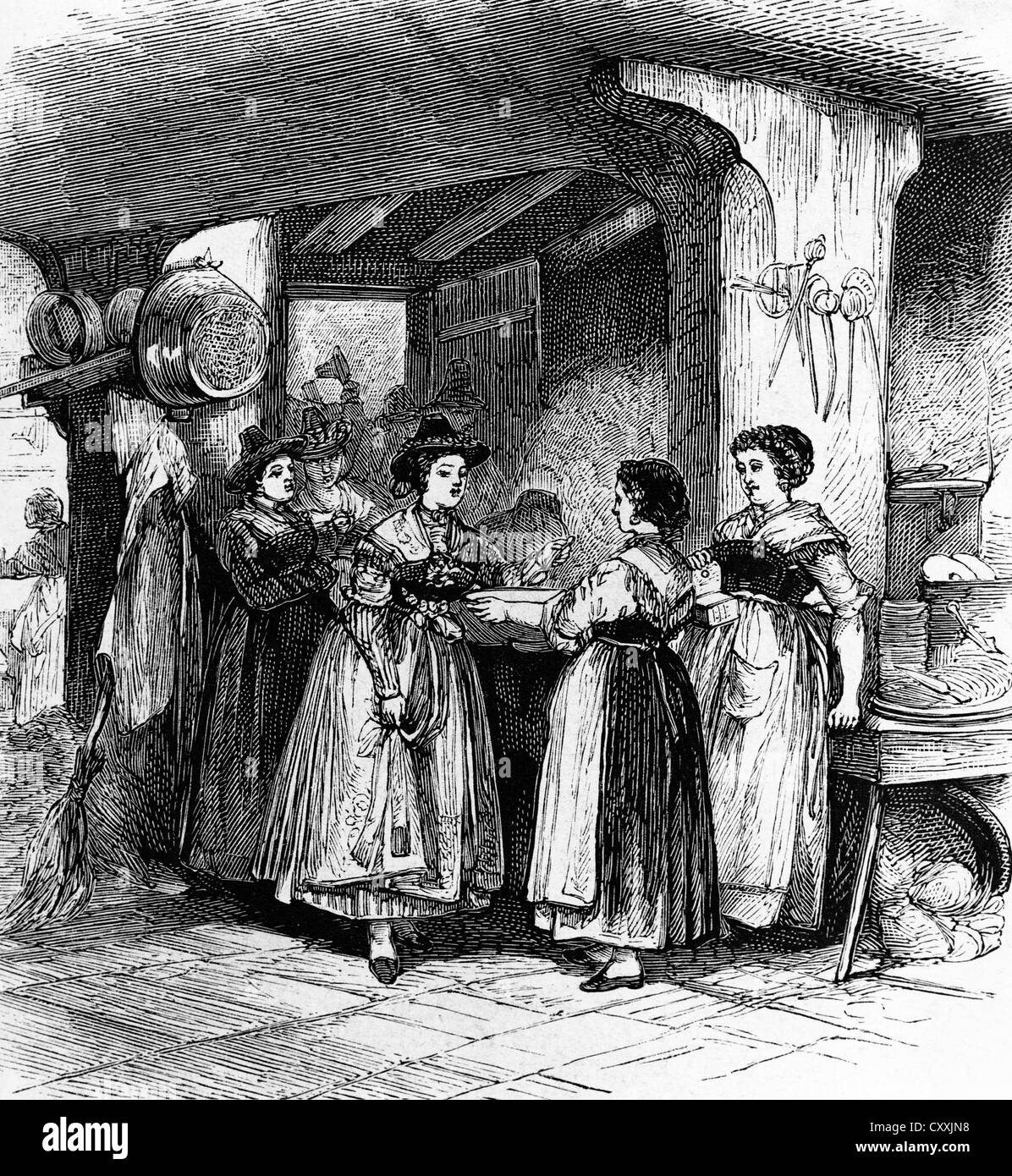 Eine Suppe salzen, Hochzeit Bauern in Lenggries, Gravur, c. 1830, Bayern, Oberbayern Stockfoto