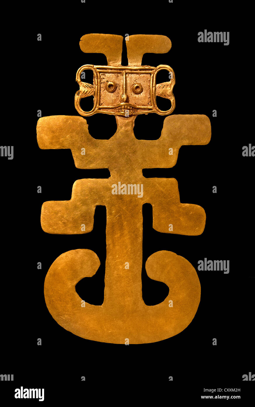 Anthropomorphe Anhänger 5. – 10. Jahrhundert Kolumbien Rio Magdalena Region Tolima Gold 16,2 cm kolumbianischen Stockfoto