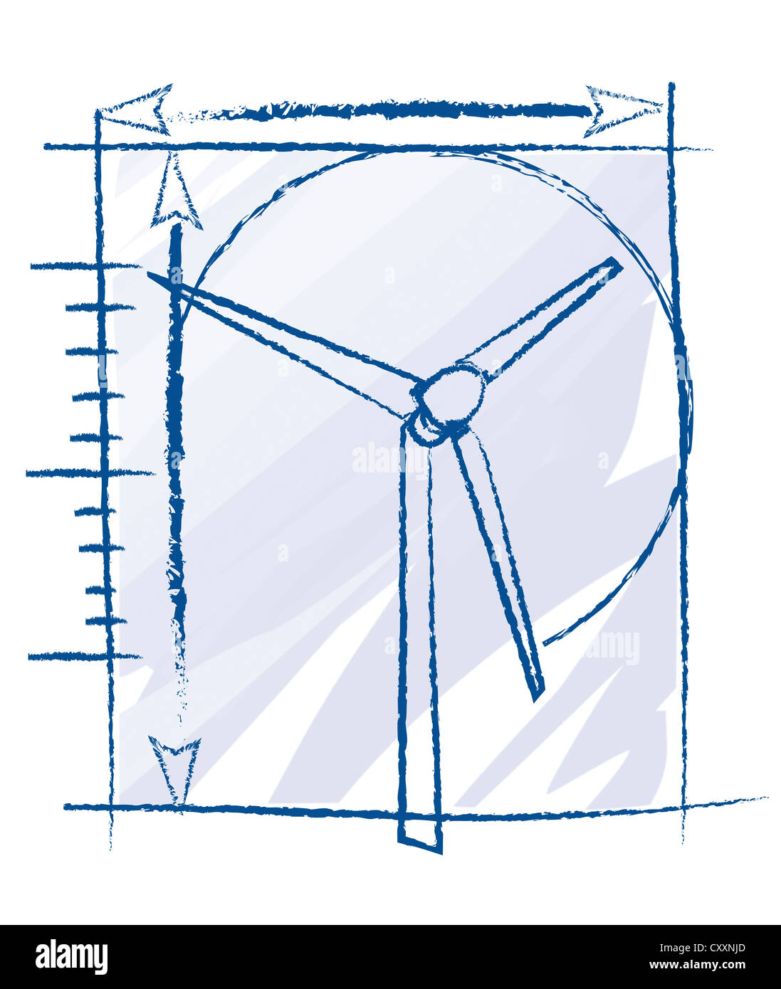 Illustration, technische Zeichnung einer Windkraftanlage Stockfoto