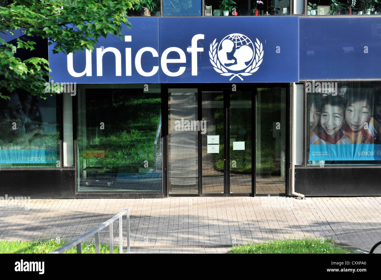 Eingang, UNICEF, Genf, Schweiz, Europa Stockfoto