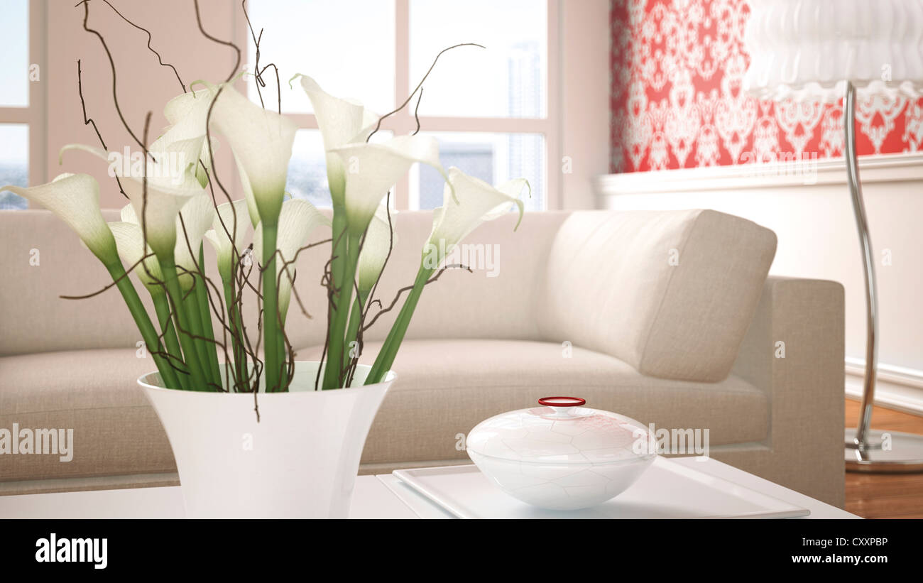 Zimmer mit Sofa, Tisch, Lampe, Schüssel, Vase mit Callas, Barock-Tapete, 3D illustration Stockfoto