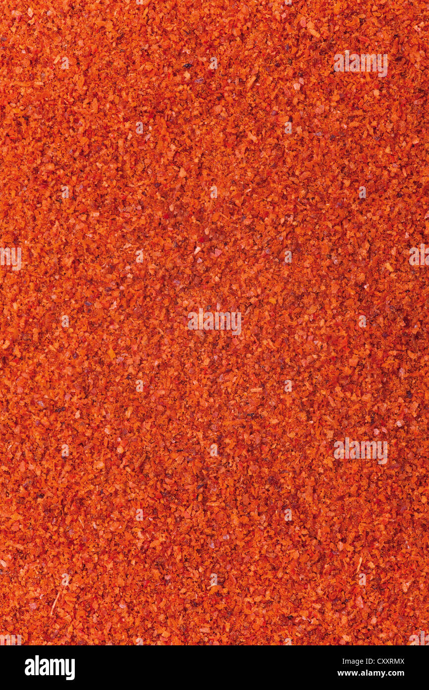 rote Chili-Pulver Hintergrund, abstrakte organische Textur Stockfoto