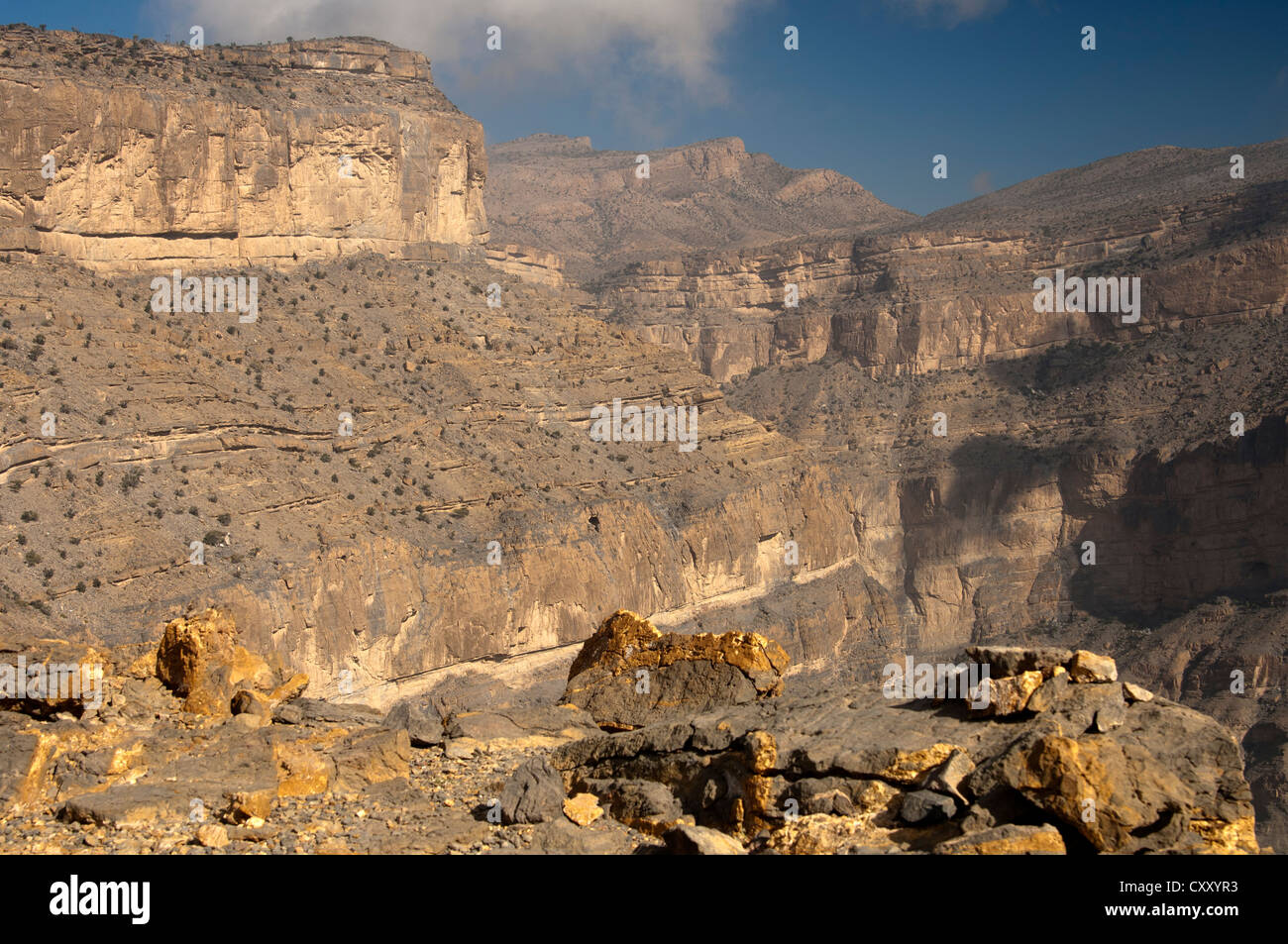 Canyon, Tal des Grand Canyon von Oman in Wadi Nakhur am Fuße des Jebel Shams Berg, Al-Hajar-Gebirge Stockfoto