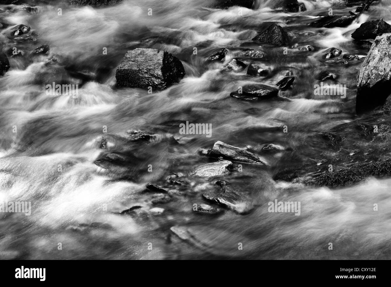 Schwimmende Fluss in den Bergen in schwarz / weiß Stockfoto