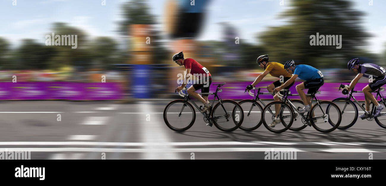 Radfahrer, Radrennen, Sieg über die Ziellinie, Wettbewerb Stockfoto