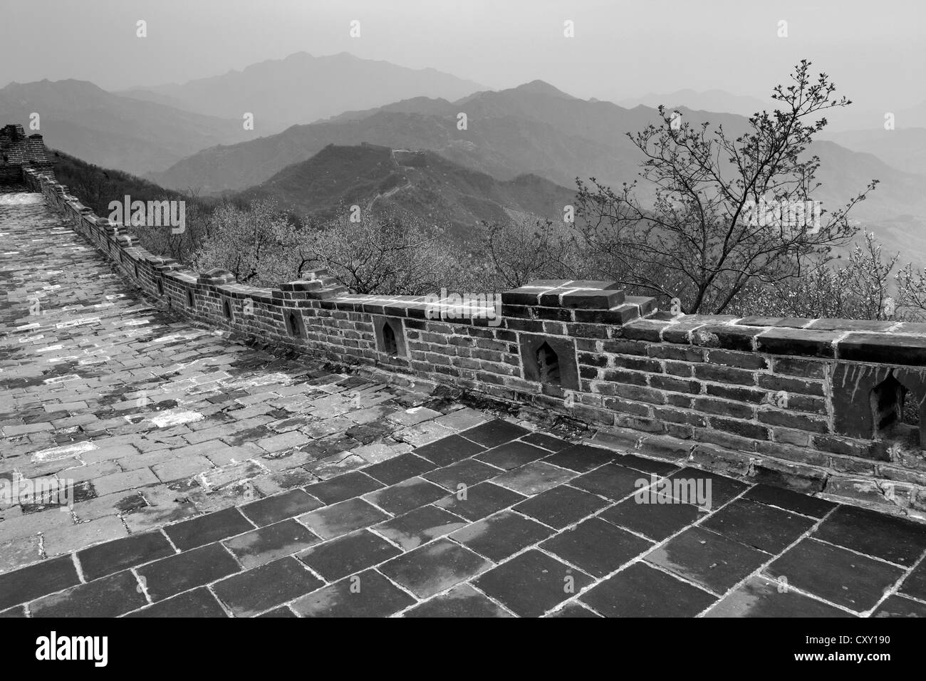 Schwarz / weiß Bild, Mutianyu Abschnitt der Great Wall of China, Mutianyu Tal, Provence, Peking, Asien. Stockfoto