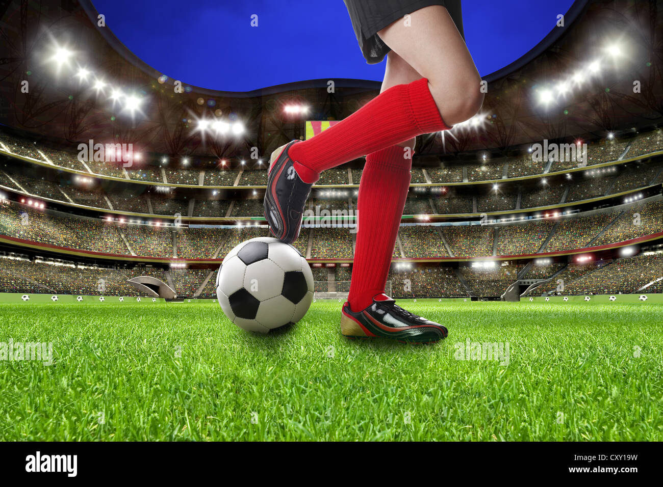 Beine der weiblichen Fußballer auf einem Fußball im Fußballstadion, Abbildung Stockfoto