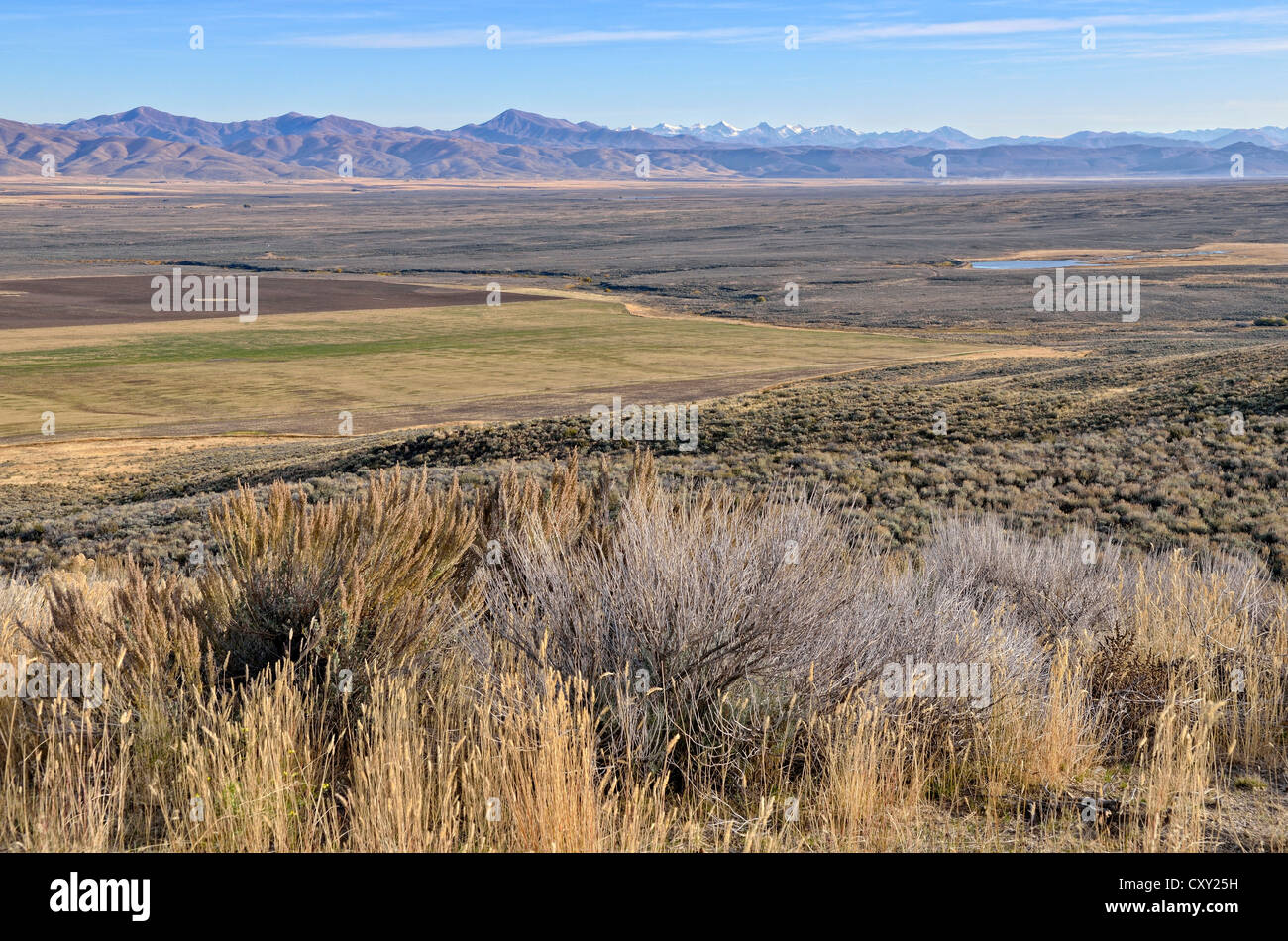 Blick vom Scenic Overlook auf Autobahn 46 in Richtung Lost River Range, Idaho, USA Stockfoto