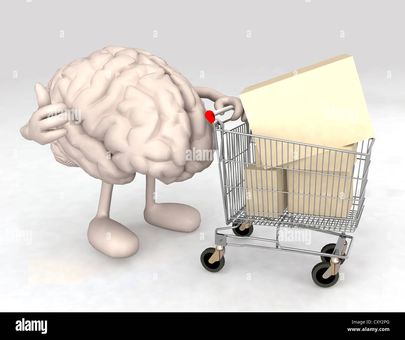 menschliche Gehirn mit einem Einkaufswagen voller Produkte, der macht die Geste des "OK" Stockfoto