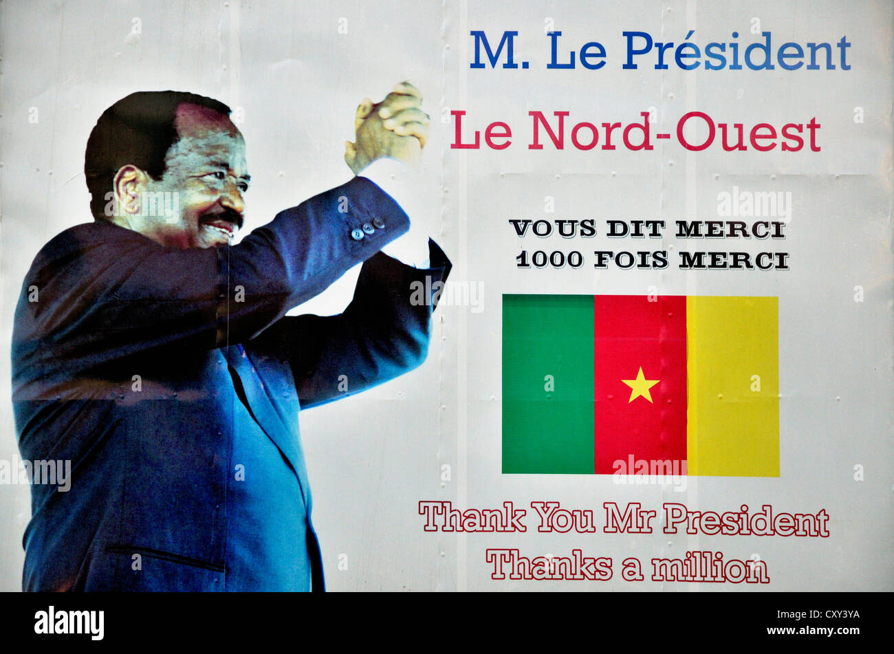 Werbung für Kameruns Präsident Paul Biya, Bamenda, Kamerun, Zentralafrika, Afrika-Kampagne Stockfoto