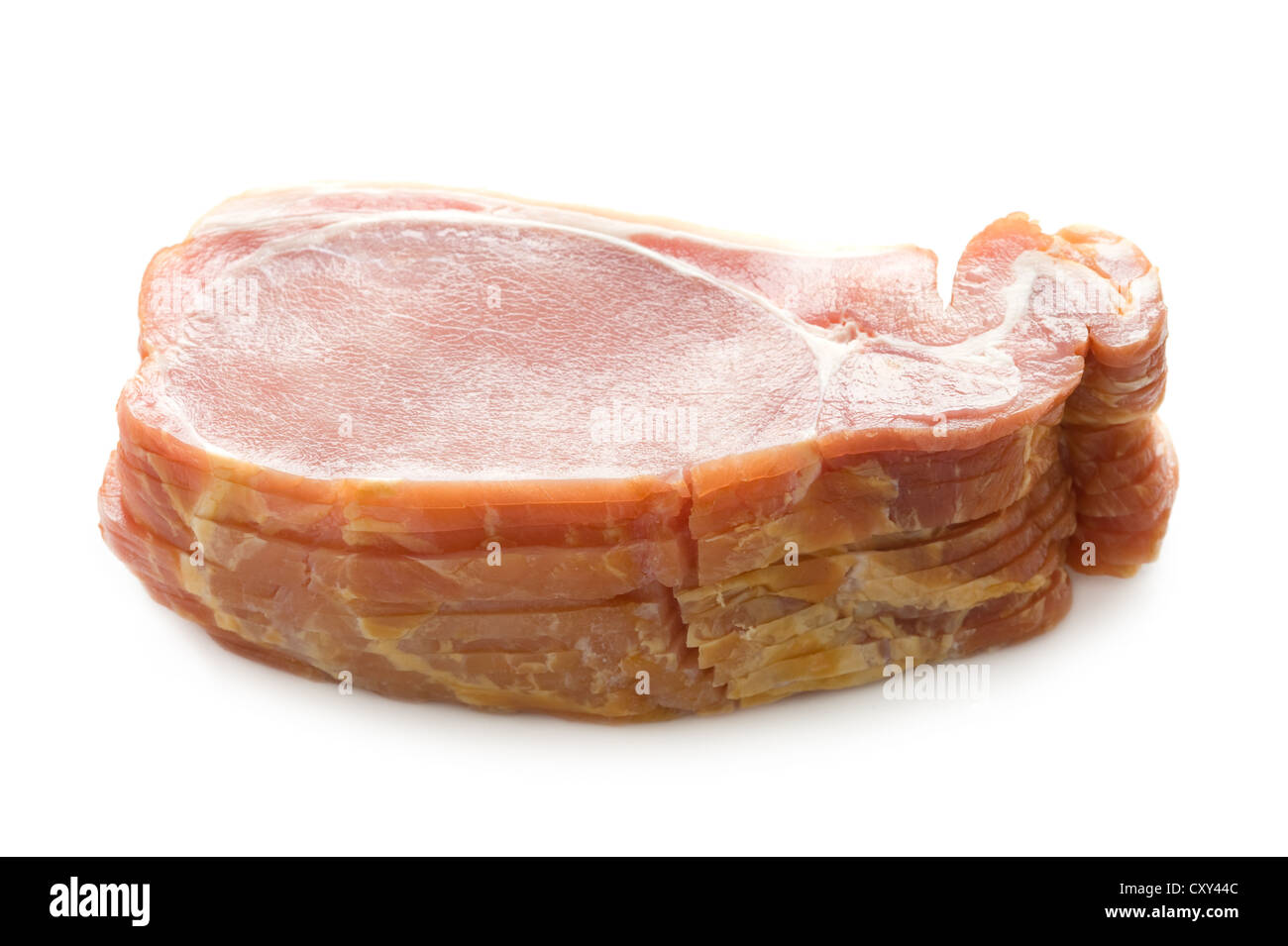 Haufen von rohen zurück Speck Speckscheiben isoliert auf weißem Hintergrund Stockfoto
