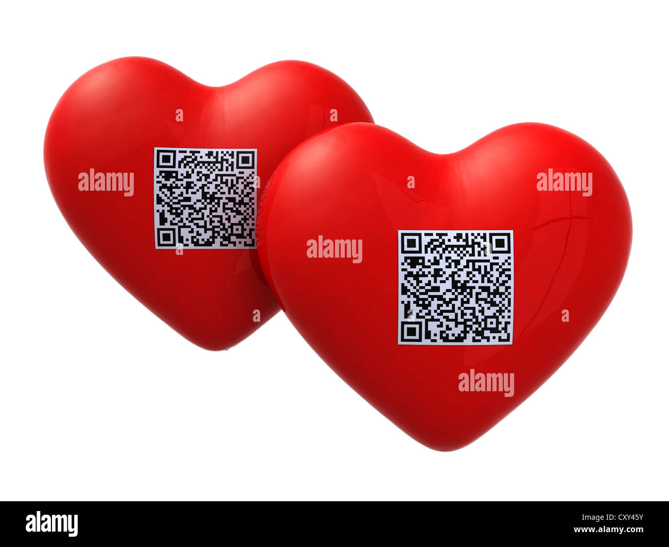 zwei rote Herzen mit qr-Code, 3d illustration Stockfoto