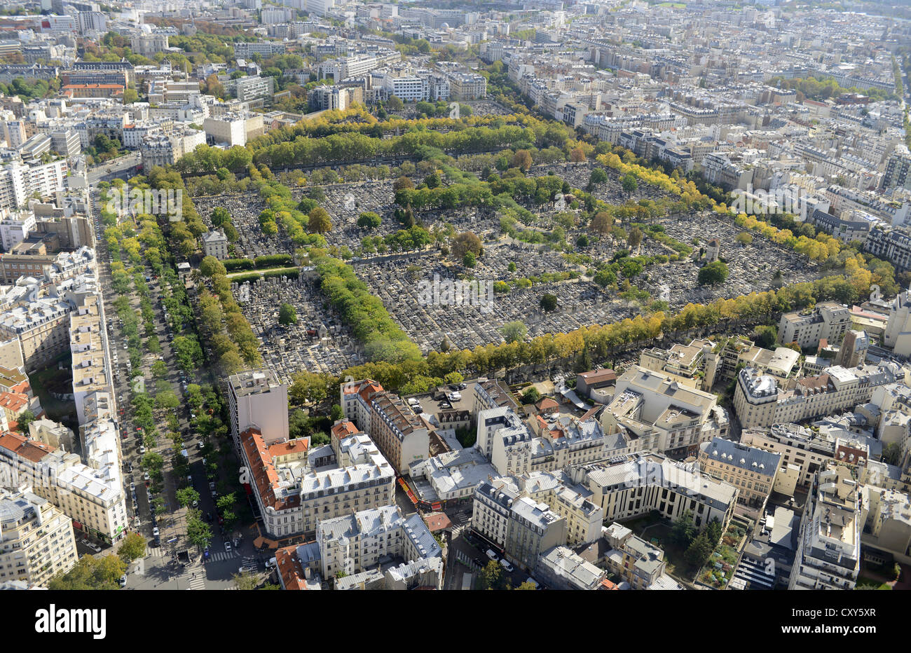 "Friedhof Montparnasse", Luftbild des Friedhofs, Paris, Frankreich Stockfoto