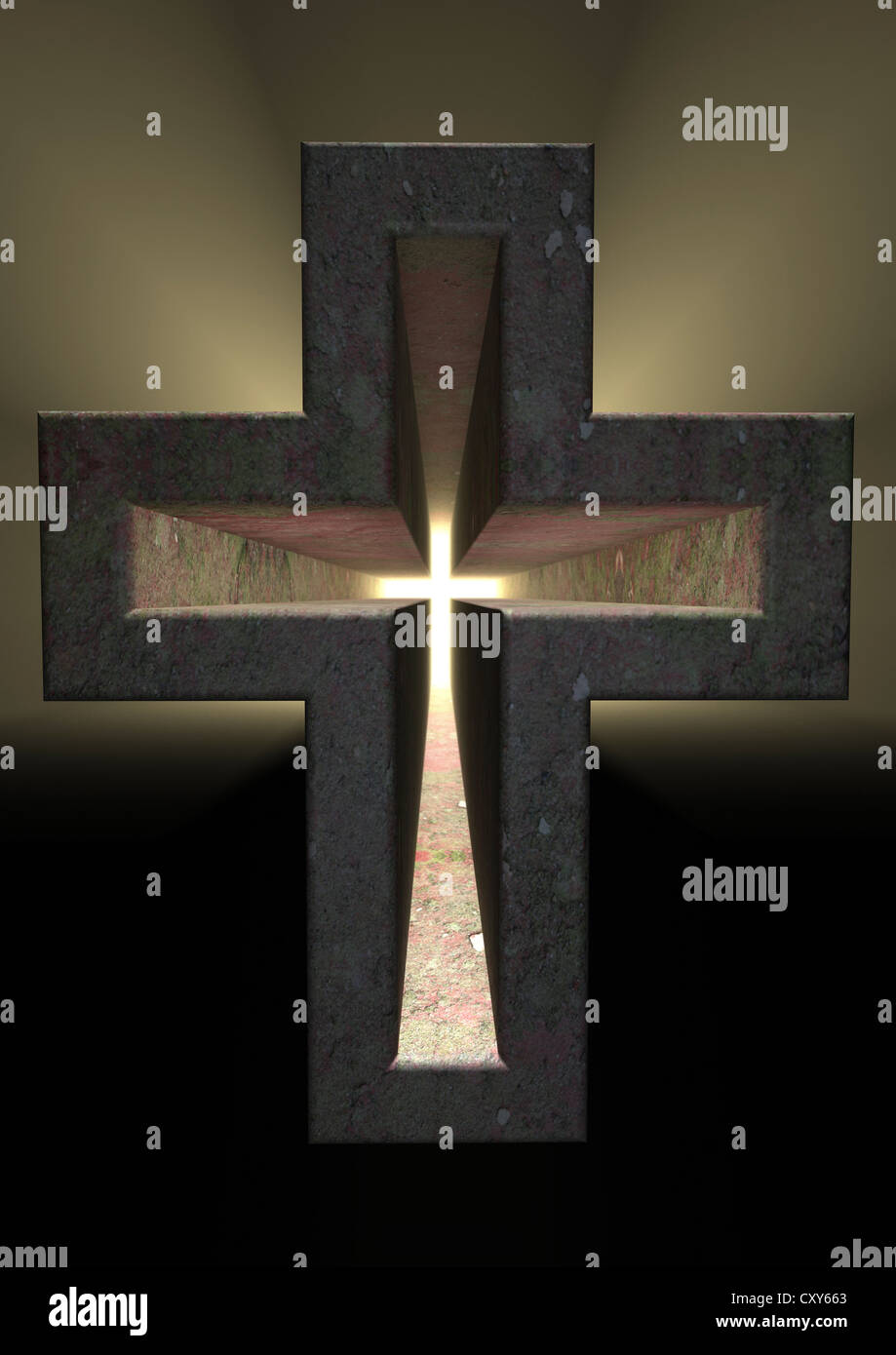 3D-Render von einem Stein Kruzifix mit einem hellen Licht scheint durch von hinten - Konzept Bild Stockfoto