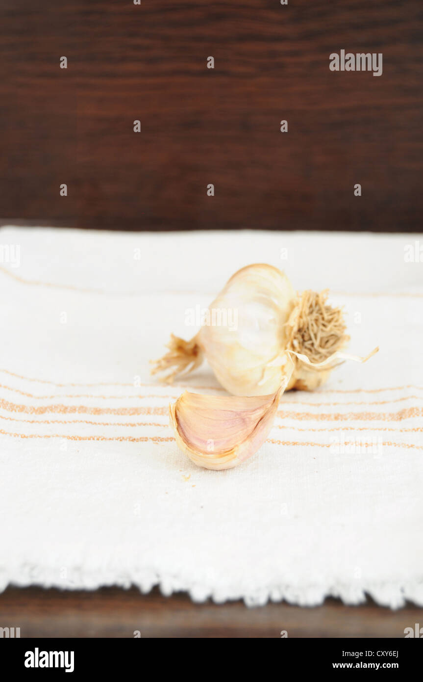 Knoblauch und Knoblauch Zehe auf dem weißen Tuch Stockfoto