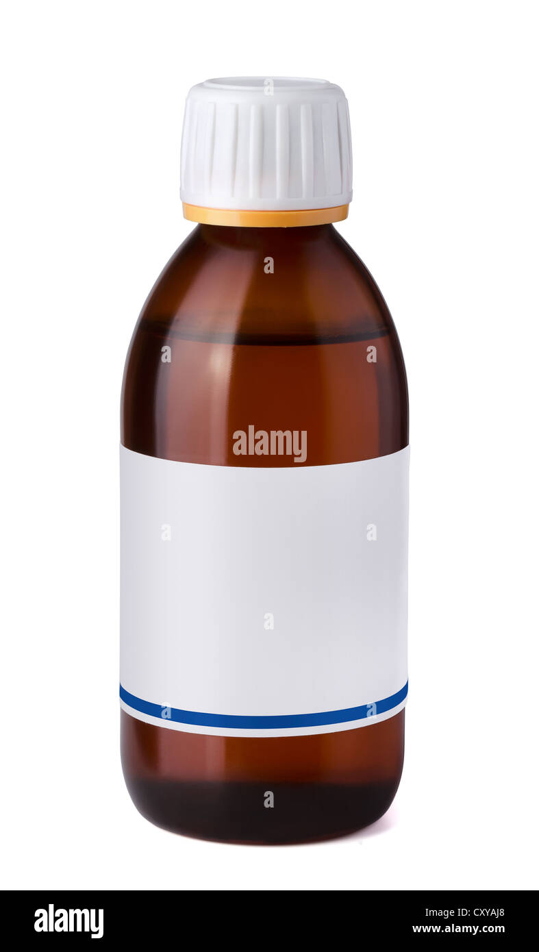 Medizin-Flasche mit leere Beschriftung isoliert auf weiss Stockfoto