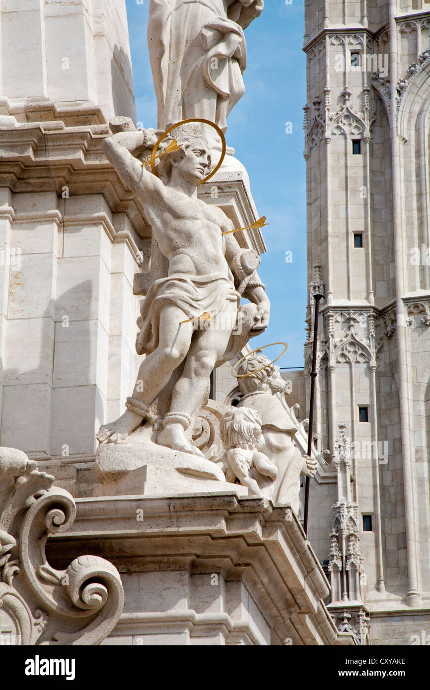 St. Sebastien - Detail aus barocken Dreifaltigkeitssäule in Budapest Stockfoto