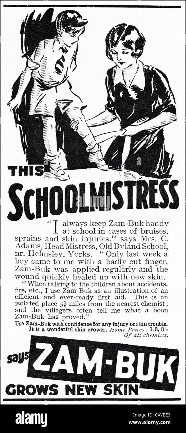 Original der 1930er Jahre Vintage Printwerbung aus englischen Verbrauchermagazin Werbung Zam-Buk, das behauptet, neuen Haut wachsen Stockfoto