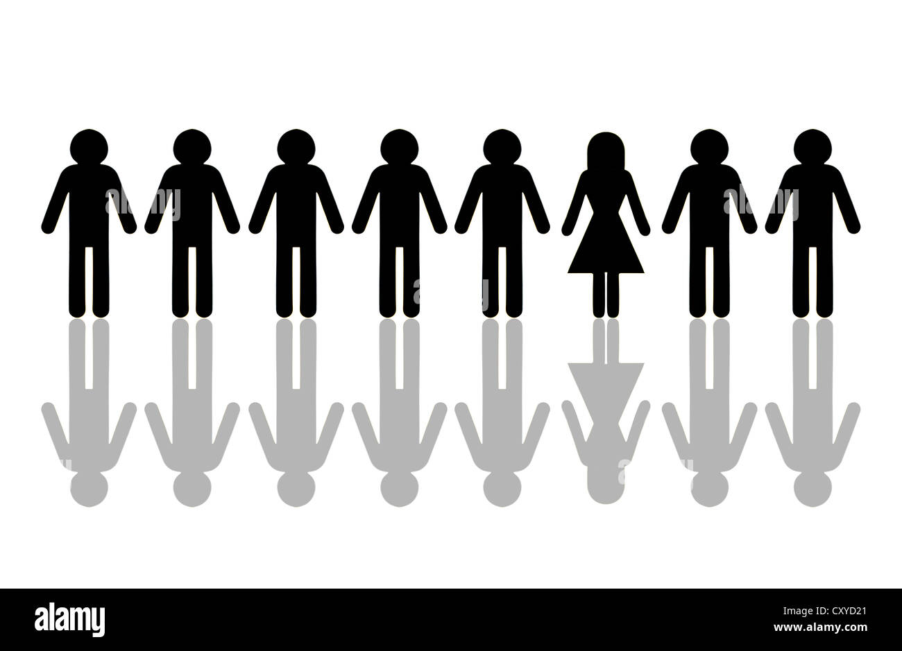 Reihe von männlichen Piktogramm zahlen, mit einer einzigen weiblichen Figur, symbolisches Bild für Frauenquote Stockfoto