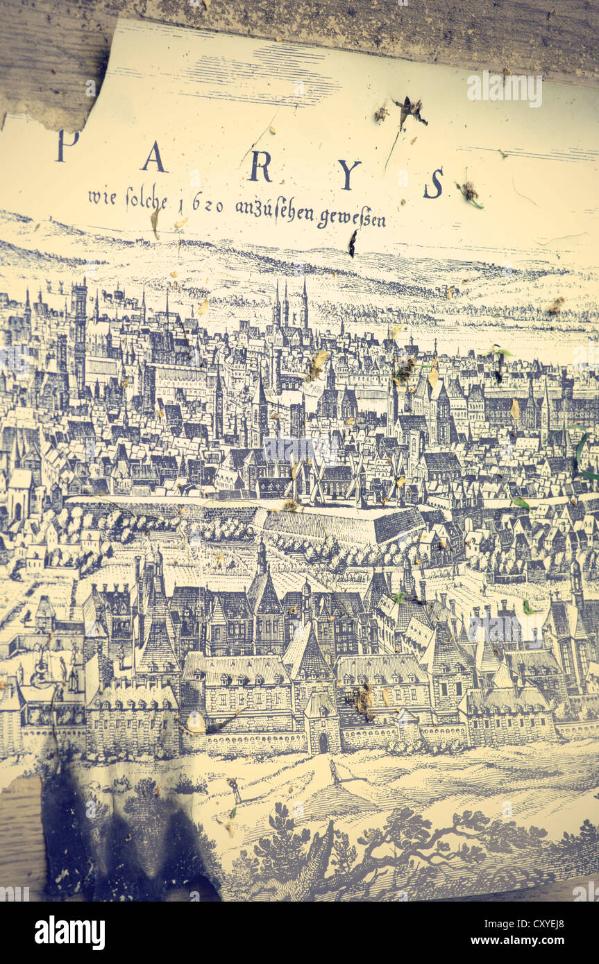 Alte vergilbte zeichnen einen Plan von Paris. Stockfoto