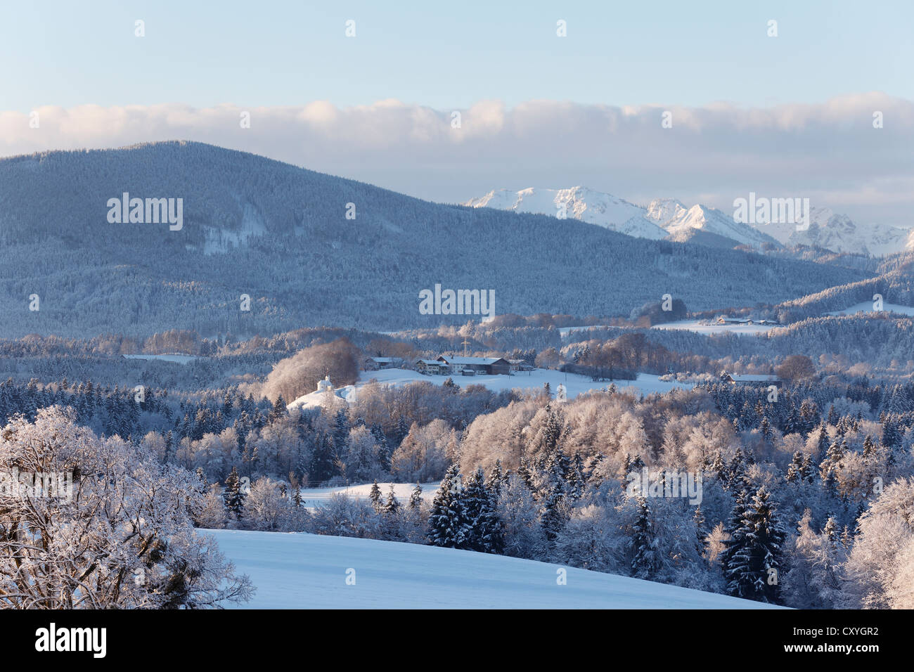 Alpenvorland in der Nähe von Irschenberg Berg mit Eyrain, Oberland, Mangfall Berge auf der Rückseite, Bayern, Oberbayern Stockfoto