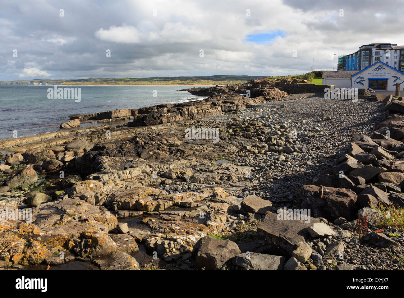 Coastal Zone Zentrum und felsigen Ufer des marine National Nature Reserve mit ungewöhnlichen Felsen Portrush Antrim-Nordirland Stockfoto