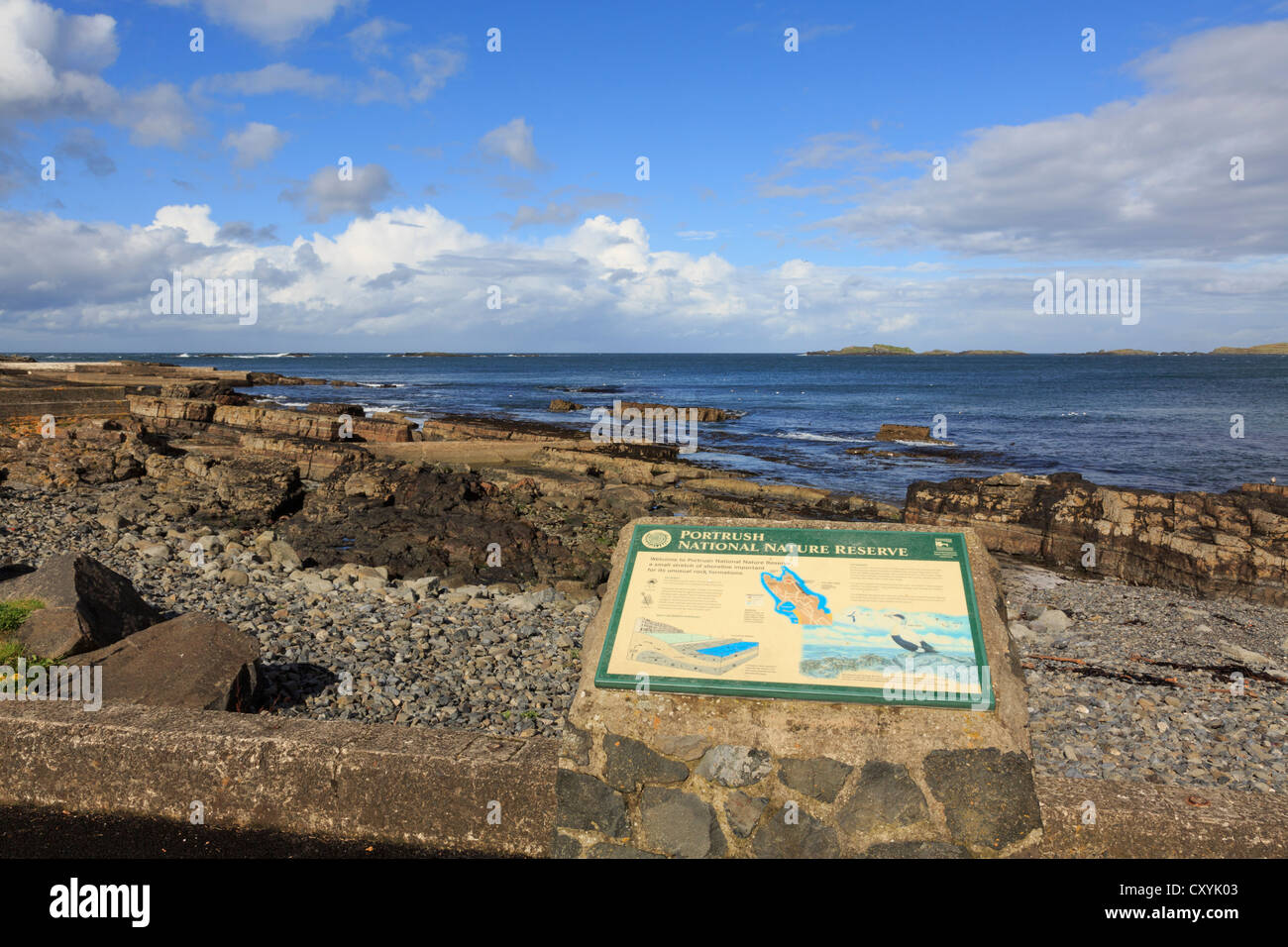 Die Küstengebiete Infotafel über felsige Ufer des marine National Nature Reserve mit ungewöhnlichen Felsen in Portrush Irland Stockfoto