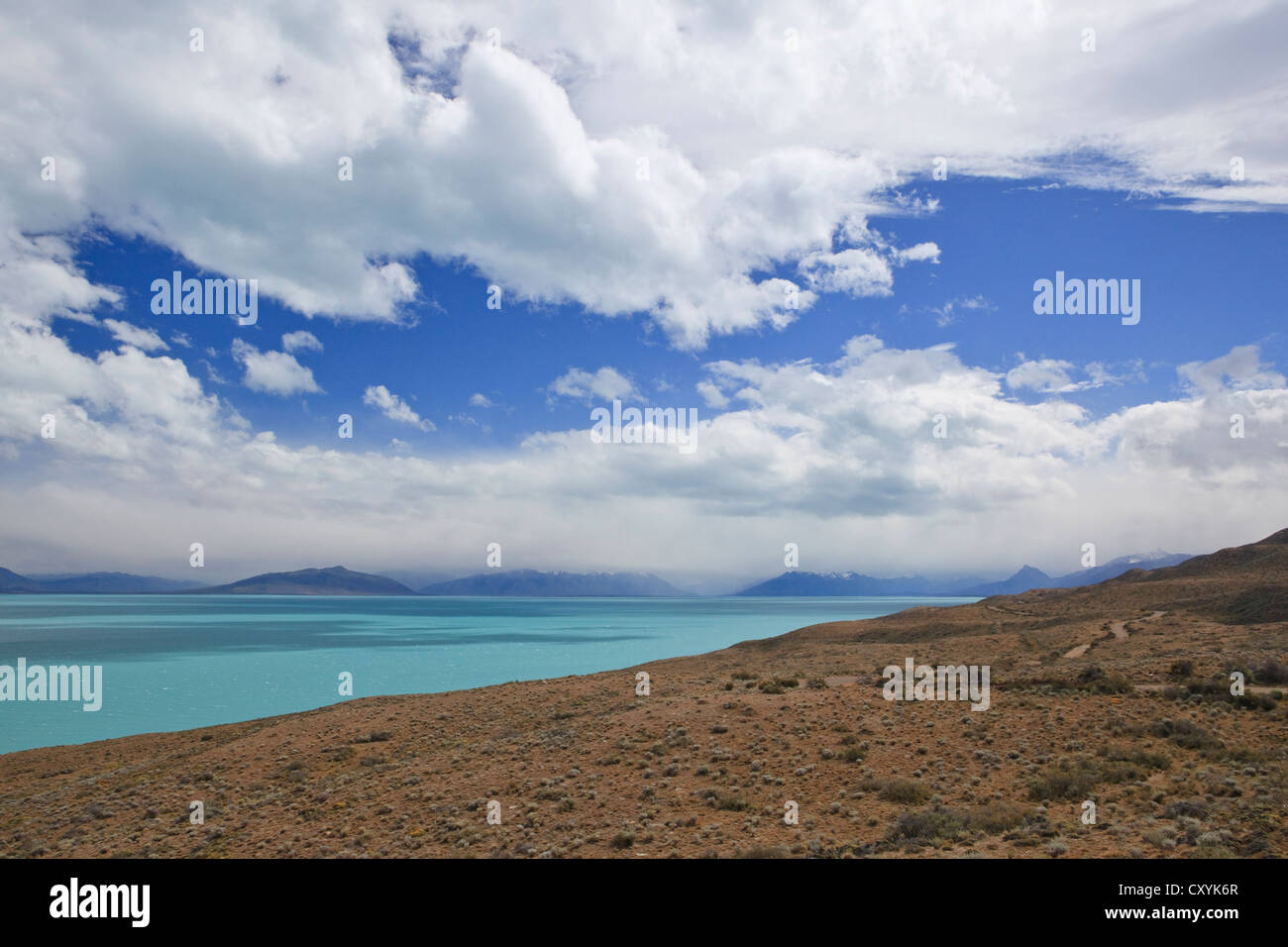 Mit Blick auf den blauen Glazial-See der Lago Argentino, Santa Cruz, Patagonien, Argentinien, Südamerika, Amerika Stockfoto