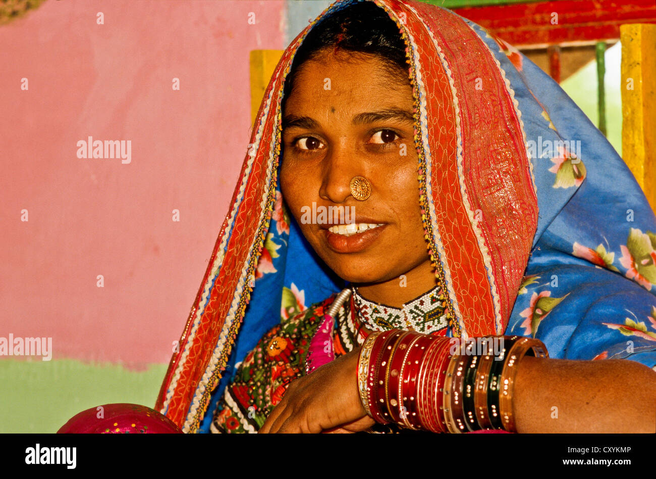 Porträt einer jungen Frau lebt auf Stickerei, Bhirendiara, Indien, Asien Stockfoto