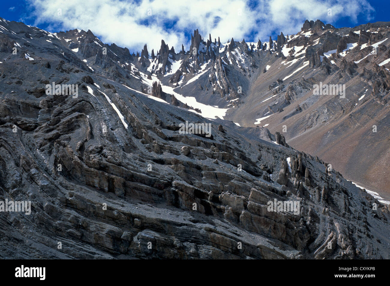 Schroffe Felsen am Parang La oder Parang Pass 5580m Kibber-Karzok-Trail, Himachal Pradesh, Nordindien, indischen Himalaya, Indien Stockfoto