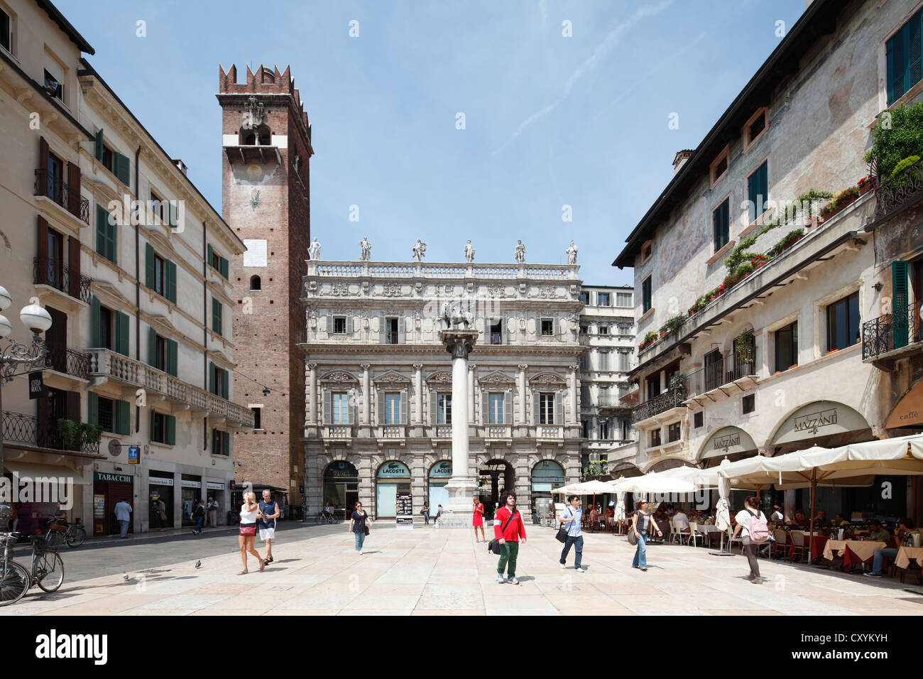 Venezianische Säule mit Löwe von San Marco vor Palazzo Maffei und Torre del Gardello, Piazza Delle Erbe, Verona, Venetien Stockfoto